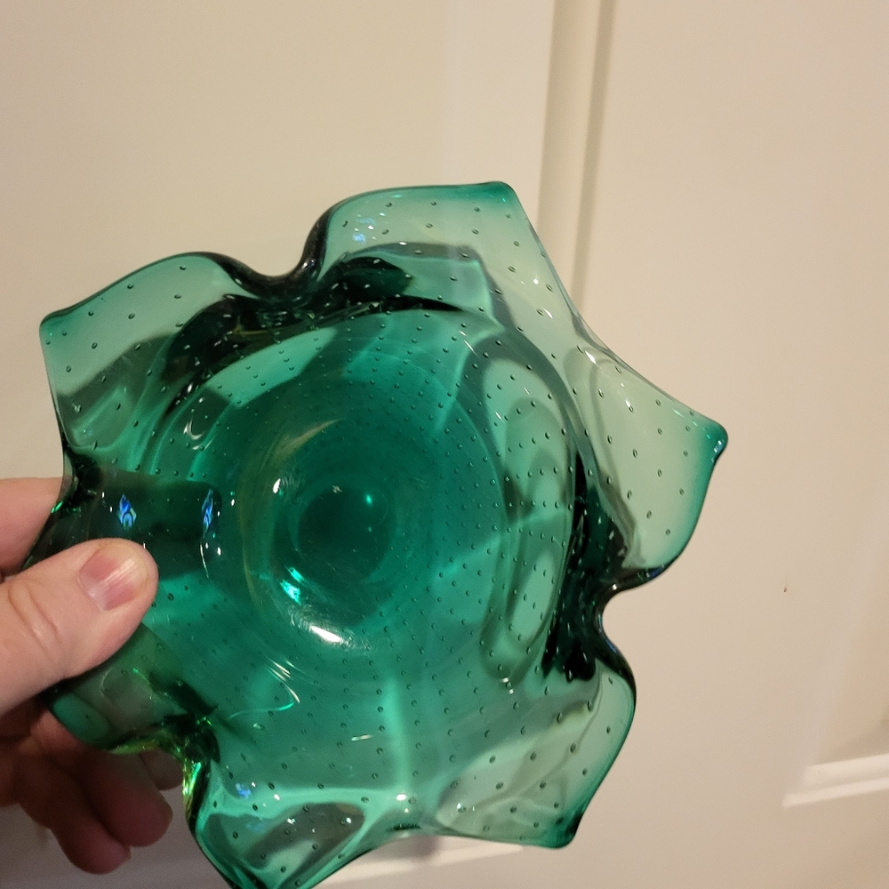 VINTAGE 50's CARL ERICKSON STUDIO GLASS GREEN CONTROLLED BUBBLE ASHTRAY 7" - Picture 8 of 8
